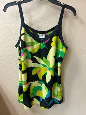 CAbi Black Tank with Neon Green & Yellow Floral Print